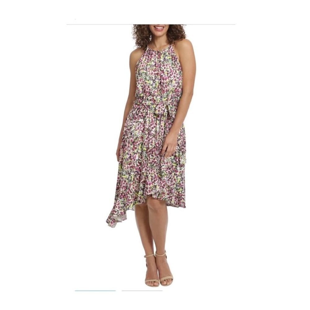 London Times Womens Berry Floral Halter Asymmetric Flounce Midi Dress Sz 8 New